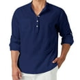 thumbnail image 1 of Mens Linen Henley Shirt Long Sleeve Band Collar Casual Hippie Tee Beach Button up Top Navy XL, 1 of 8