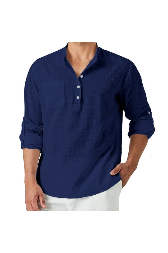 Mens Linen Henley Shirt Long Sleeve Band Collar Casual Hippie Tee Beach Button up Top Navy 2XL