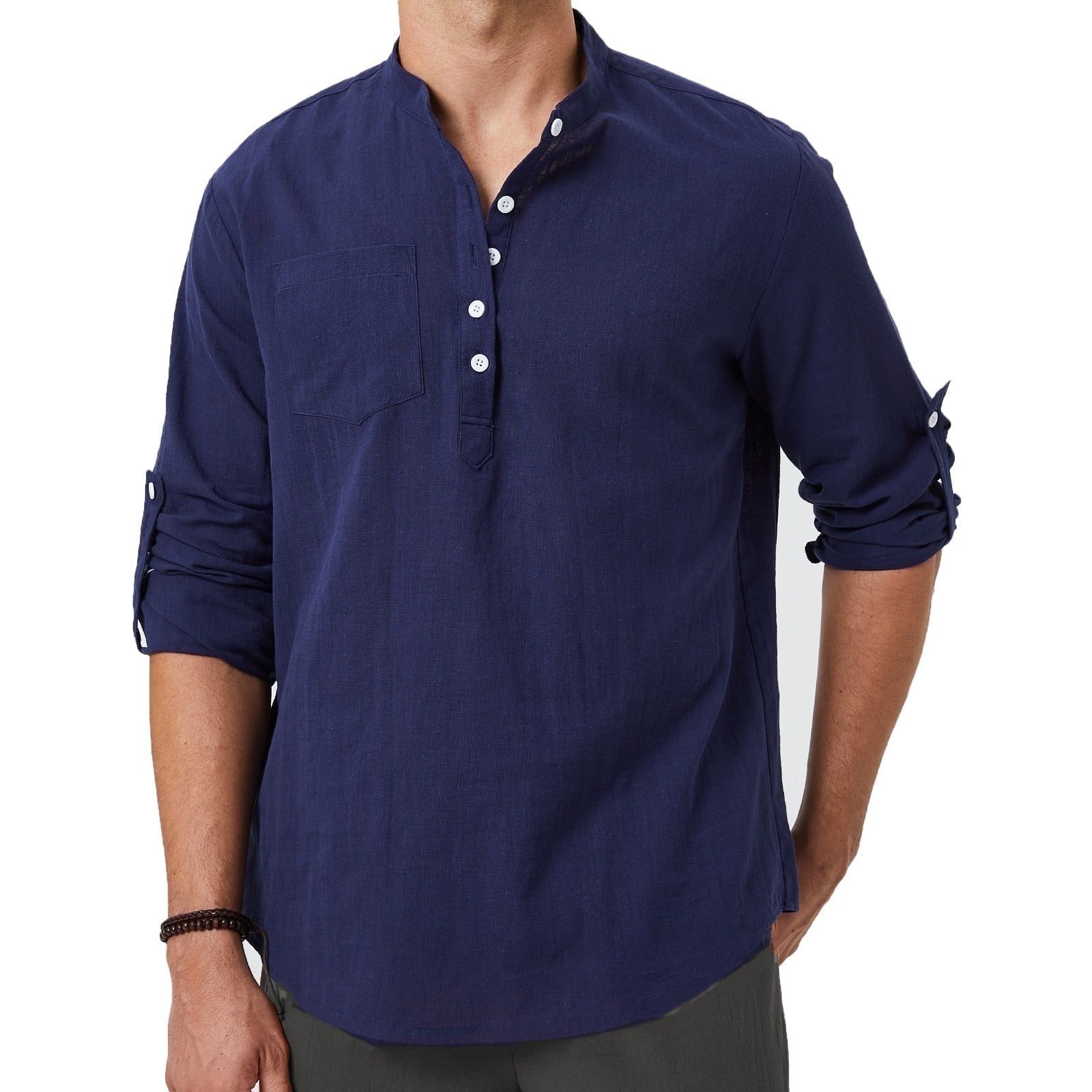 Mens Linen Henley Shirt Long Sleeve Band Collar Casual Hippie Tee Beach ...