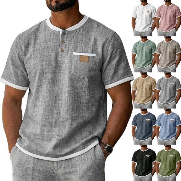 Linen Henley Shirts for Men Short Sleeve Distressed Hippie T-Shirts Summer Casual Button Down Pullover with Pockets, XL