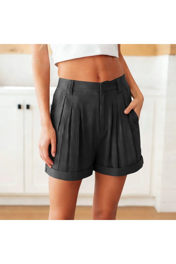 Linen High Waisted Pleated Shorts for Women Cuffed Hem Dressy Summer Bottoms Business Casual Work Shorts with Pockets