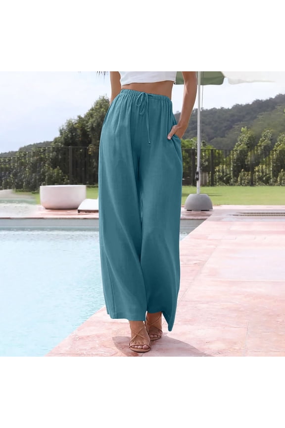 Linen High Waisted Wide Leg Palazzo Pants For Women Casual Summer Drawstring Trousers Flowy Beach Pants With Pockets Top And Pants Set Women Two Piece Casual Womens Cropped Pants Casual Business