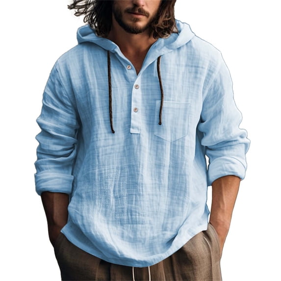 Linen Hoodie Shirts for Men Lightweight Button Long Sleeve Hooded Shirts Loose Fit Boho Linen Beach Shirt Summer Tops
