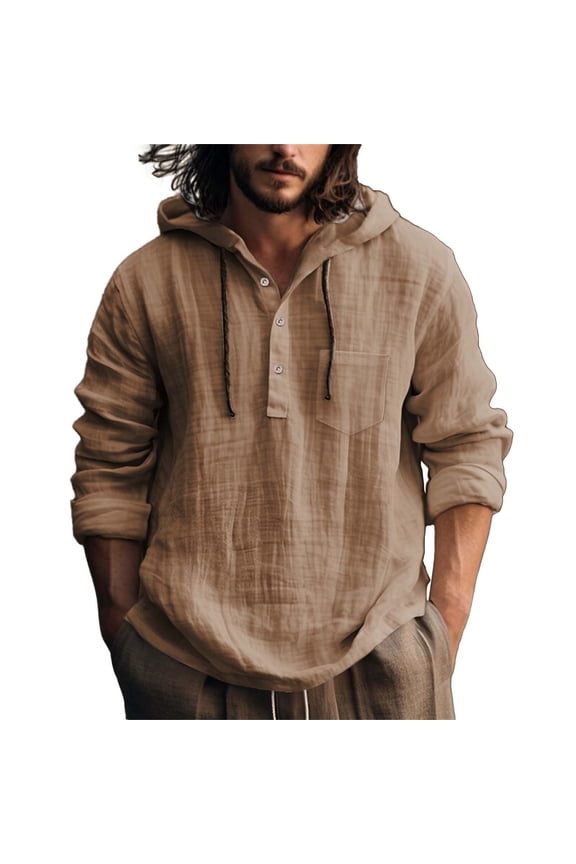Linen Hoodie Shirts for Men Lightweight Button Long Sleeve Hooded Shirts Loose Fit Boho Linen Beach Shirt Summer Tops