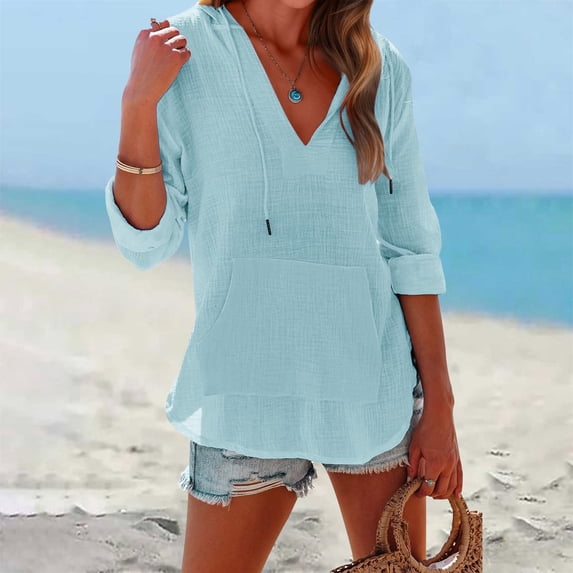 Linen Hoodie Women Beach Jacket for Women Women's Beach Tunics and Cover-up Tops Summer Hoodies for Women Sun Cover up for Women Beachy Shirts for Women Gauze Coverups for Women,Light Blue,3XL