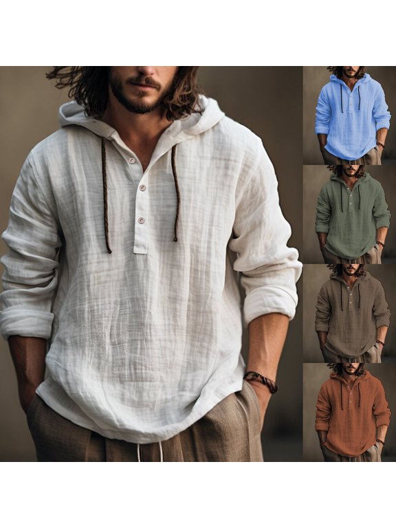 Linen Hoodie for Men, Long Sleeve Lightweight Button Up, Loose Breathable Boho Beach Hooded Shirt White 2XL