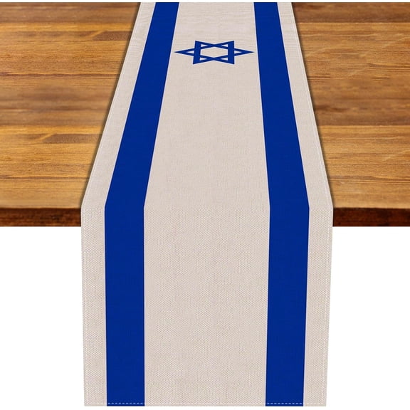 Linen Israel Flag Table Runner Jewish Table Decoration for Passover Rosh Hashanah Sukkot Sukkah Kitchen Dinning Room Party Decor (13" x 72")