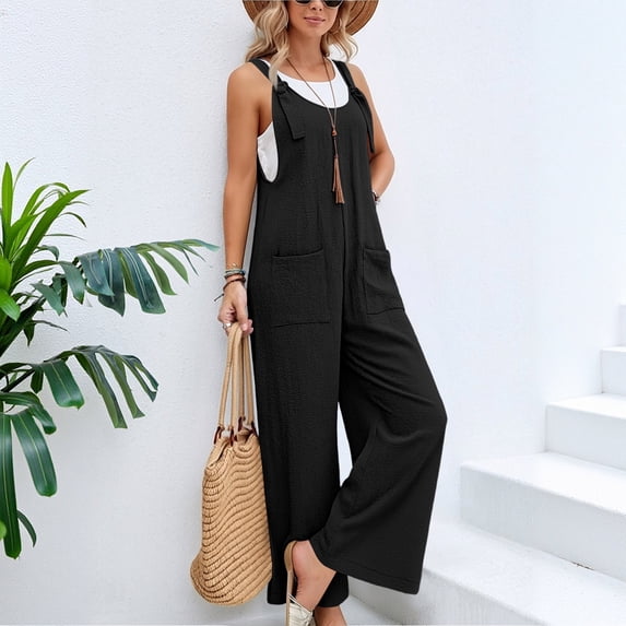 Linen Jumpsuit Womens Wide Leg One Piece Adjustable Straps Summer Bib Overalls With Pockets Black S