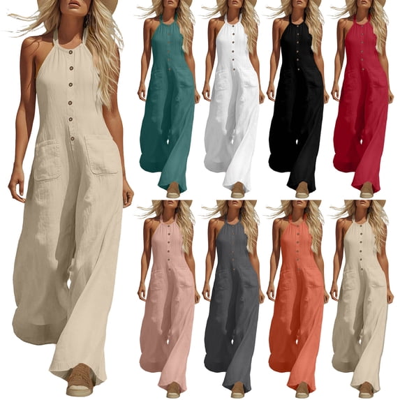 Linen Jumpsuit for Women Playsuits Wide Leg Dressy Pants Overall Ladies Summer Casual Dungarees Romper with Pockets Orange XL