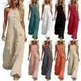 thumbnail image 1 of Linen Jumpsuit for Women Playsuits Wide Leg Dressy Pants Overall Ladies Summer Casual Dungarees Romper with Pockets Red L, 1 of 7
