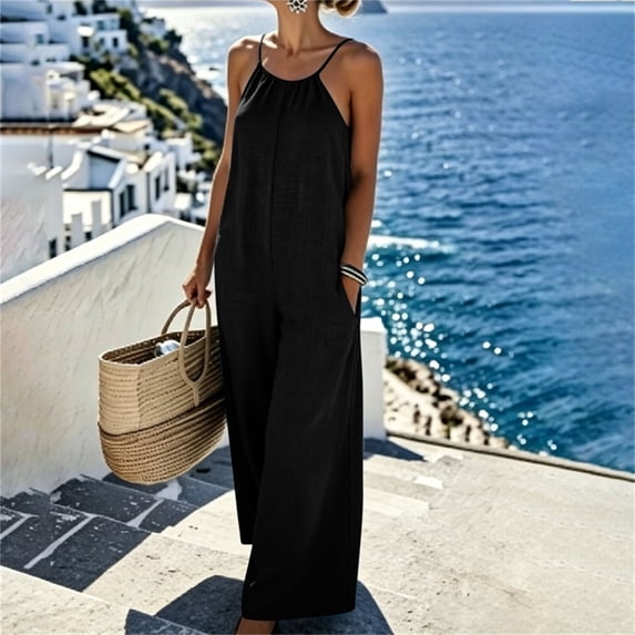 Linen Jumpsuit for Womens Loose Fitting Breathable Wide Leg Pants with Side Pockets Spaghetti Strap Overalls Black Women Rompers S