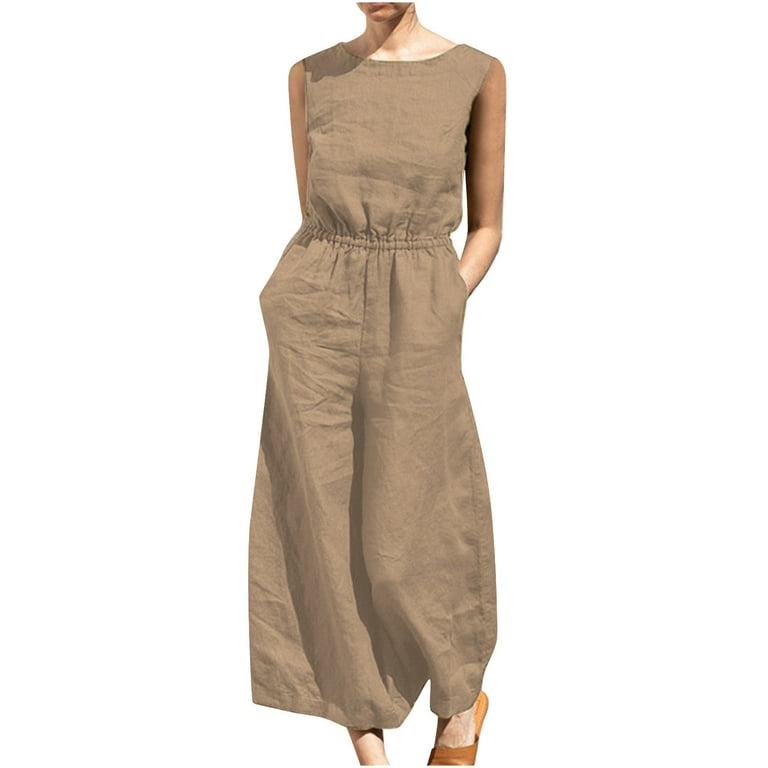 AKOEE Linen Jumpsuits Womens Sleeveless Crewneck Baggy Long Rompers Pants Elastic Waist Playsuit Jumpsuit with Pockets 5X Large Coffee Women s