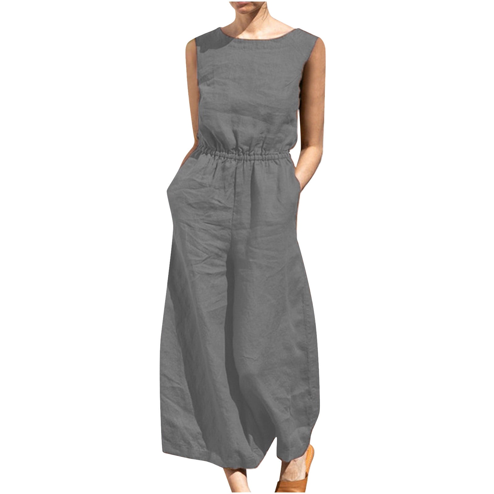 Linen Jumpsuits Womens Sleeveless Crewneck Baggy Long Rompers Pants Elastic  Waist Playsuit Jumpsuit with Pockets (Large, Gray)