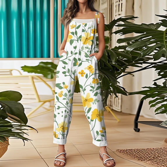 Linen Jumpsuits for Women Boho Floral Gardening Overalls Loose Fit Plus Size Rompers Bohemian Travel Vacation Baggy Clothes Orange 2XL