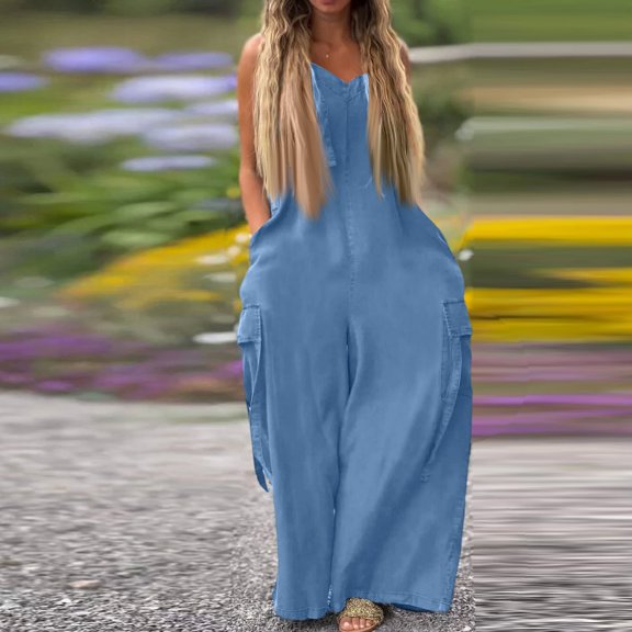 Linen Jumpsuits for Women, Casual Cotton Linen Button Rompers Overalls Wide Leg Casual Beach Overalls with Pockets Royal Blue L