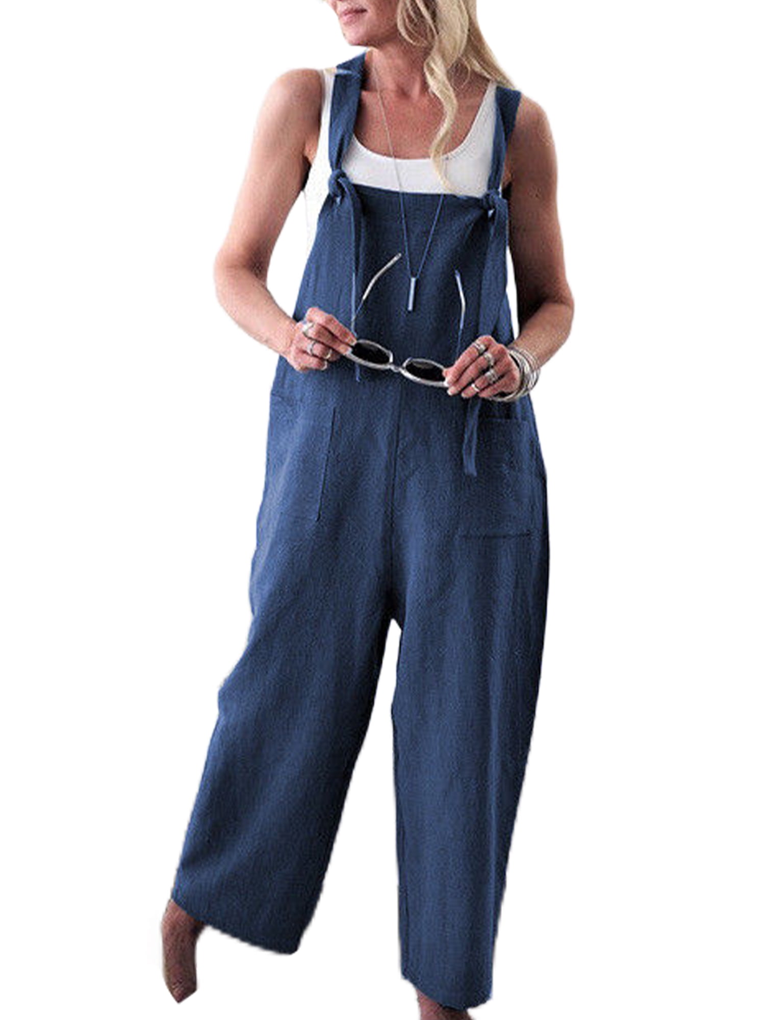Linen Jumpsuits for Women Casual Loose Straps Overalls Baggy Wide Leg Harem  Pants Rompers Dungarees Playsuit Trousers 