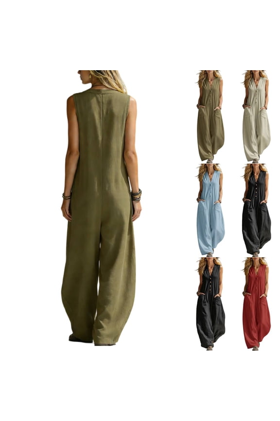 Linen Jumpsuits for Women Casual Summer Sleeveless V Neck Button Down Cotton Overalls Wide Leg Boho Travel Rompers Army Green L