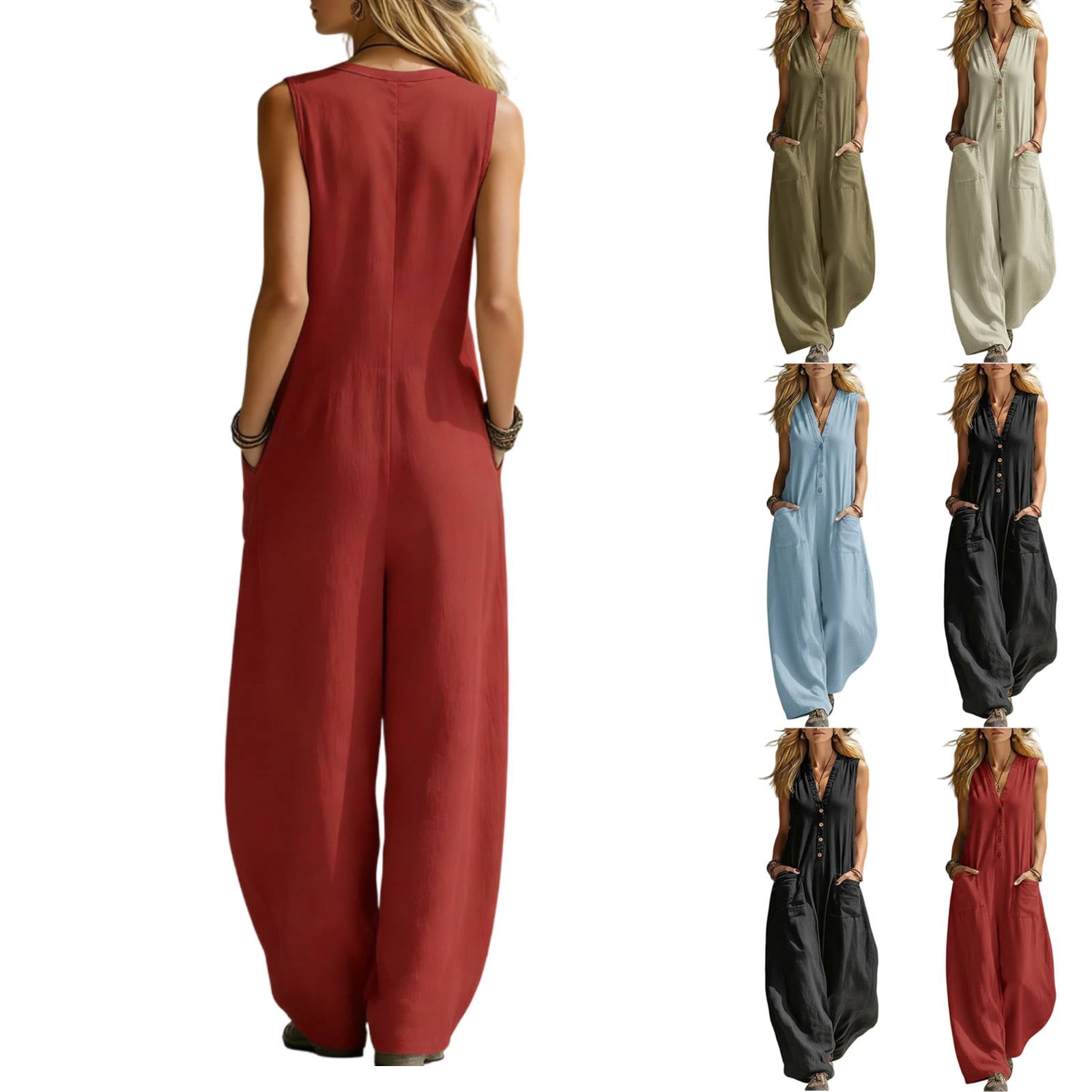 Linen Jumpsuits for Women Casual Summer Sleeveless V Neck Button Down ...