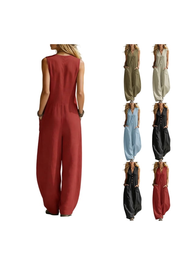 Linen Jumpsuits for Women Casual Summer Sleeveless V Neck Button Down Cotton Overalls Wide Leg Boho Travel Rompers Red XL
