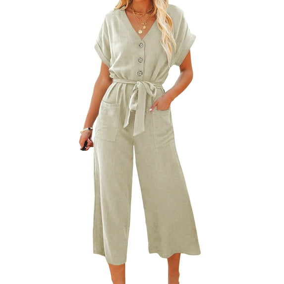 Linen Jumpsuits for Women Casual Summer Wide Leg Long Pants Rompers Button Down Belted Jumpsuit with Pockets
