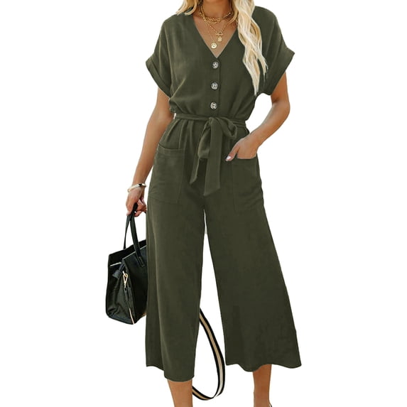 Linen Jumpsuits for Women Casual Summer Wide Leg Long Pants Rompers Button Down Belted Jumpsuit with Pockets