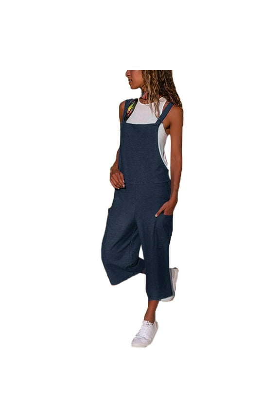 Linen Jumpsuits for Women Fashion Overalls Casual Summer Loose Straight Leg Capris Bib Pants Romper with Pockets New Dark Blue S