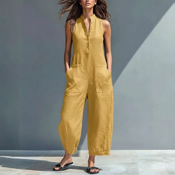 Linen Jumpsuits for Women Sleeveless Loose Wide Leg Long Pants V Neck Button Down Jumpsuits with Pockets, M