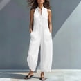 thumbnail image 1 of Linen Jumpsuits for Women Sleeveless Loose Wide Leg Long Pants V Neck Button Down Jumpsuits with Pockets, M, 1 of 4