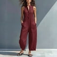 thumbnail image 1 of Linen Jumpsuits for Women Sleeveless Loose Wide Leg Long Pants V Neck Button Down Jumpsuits with Pockets, S, 1 of 4