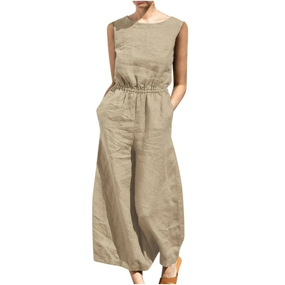 Linen Jumpsuits for Women Sleeveless Solid Crewnek Loose Wide Leg Palazzo Cropped Pants Lounge Romper with Pockets