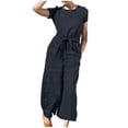thumbnail image 1 of Linen Jumpsuits for Women Sleeveless Solid Crewnek Loose Wide Leg Palazzo Cropped Pants Lounge Romper with Pockets, 1 of 5