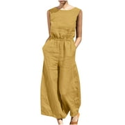 Linen Jumpsuits for Women Sleeveless Solid Crewnek Loose Wide Leg Palazzo Cropped Pants Lounge Romper with Pockets