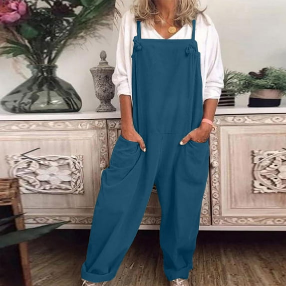 Linen Jumpsuits for Women Summer 2023,Women Casual Loose Long Bib Pants Wide Leg Jumpsuits Baggy Cotton Rompers Overalls with Pockets