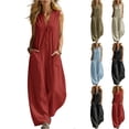 thumbnail image 1 of Linen Jumpsuits for Women Summer Casual Sleeveless V Neck Button Down Wide Leg Boho Jumpsuits, S, 1 of 5