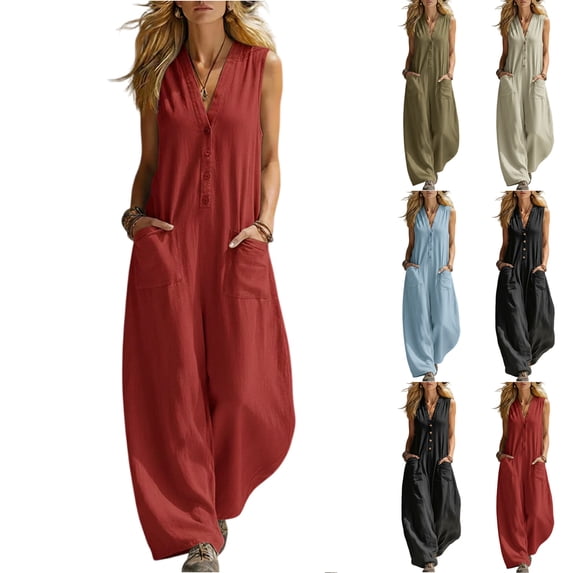 Linen Jumpsuits for Women Summer Casual Sleeveless V Neck Button Down Wide Leg Boho Jumpsuits, S