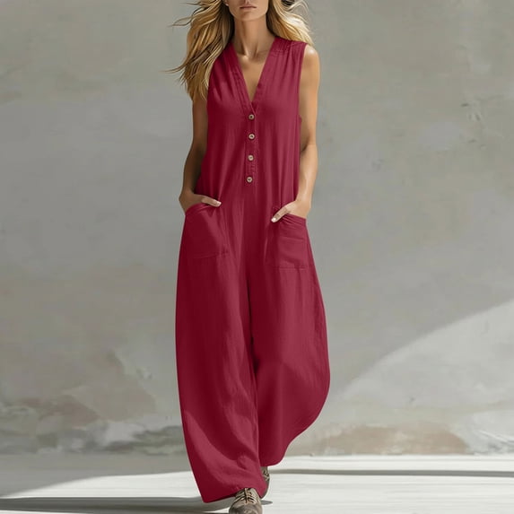 Linen Jumpsuits for Women Summer Cotton Linen Sleeveless Jumpsuit Overalls Womens Casual Solid Loose Fits Lightweight Comfy Vacation Beach Jumpsuits