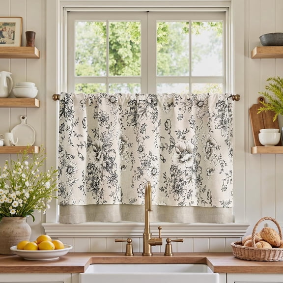 Linen Kitchen Curtain 24 Inch French Floral Double Layer Curtain Farmhouse Vintage Tier Drape Rustic Half Window Curtain for Living Room Window Treatment Rod Pocket 1 Panel Black on Beige