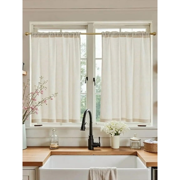 Linen Kitchen Curtains 30 Inch Tier Curtains Farmhouse Cream Beige Short Semi Sheer Drapes with Rod Pocket