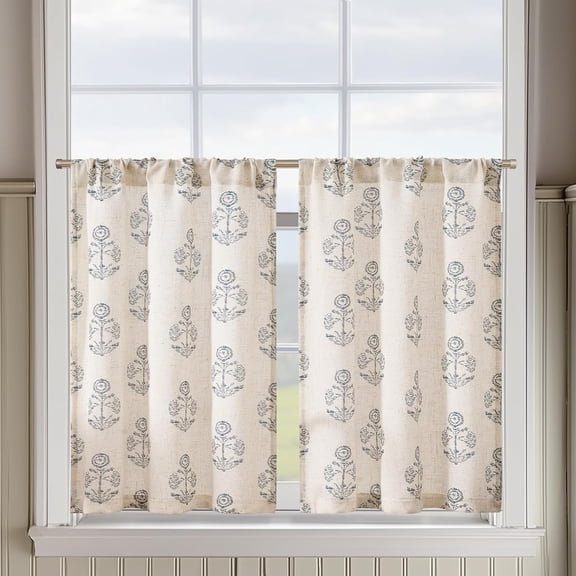 Linen Kitchen Curtains 36 Inch Floral Tier Curtains Farmhouse Cottage Core Flax Cafe Rod Pocket Country Small Window Drapes for Laundry Room Bathroom RV 2 Panels Blue on Beige