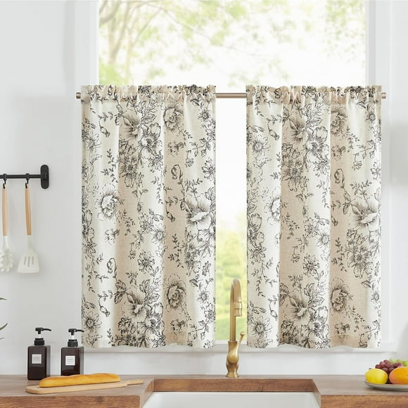 Linen Kitchen Curtains Floral Tier Curtains 24 Inch Farmhouse Botanic Cafe Curtains Small Window Curtains Rustic Half Window Curtains for Living Room Bathroom Laundry 2 Panels Black on Beige