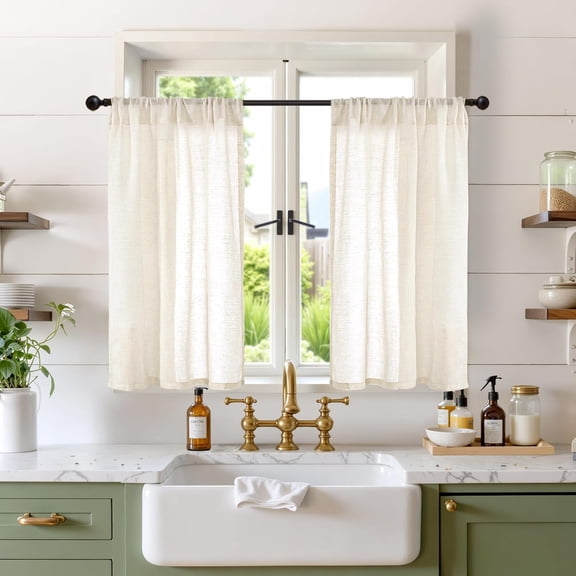 Linen Kitchen Window Curtains Over Sink - 36 Inch Length Cafe Drapes Semi Sheer with Rod Pocket Light Filtering for Bathroom Small Window, Beige, 2 Panels, Each Panel 30 Inch Wide