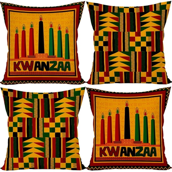 Linen Kwanzaa Throw Pillow Covers 18x18 Set of 4 Kinara Decor African American Tribal Vintage Pattern Modern and Supplies for Home Office