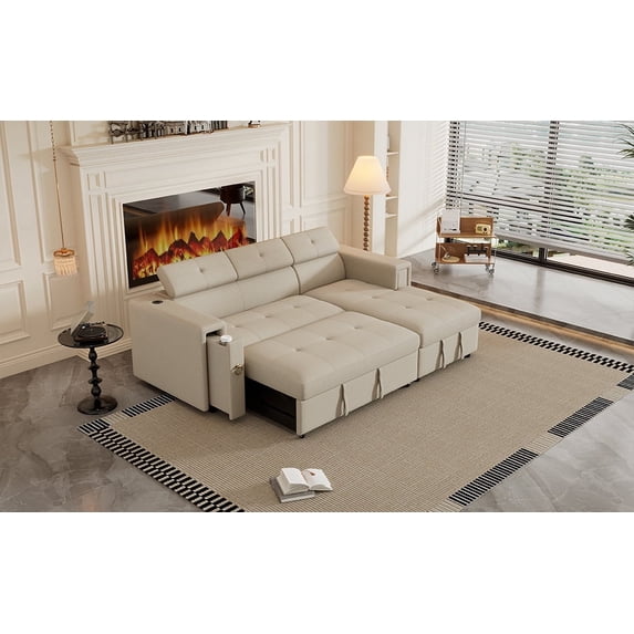 Linen L-Shape Sectional Sofa with Adjustable Headrest, Wireless Charging, and Hidden Storage, Beige