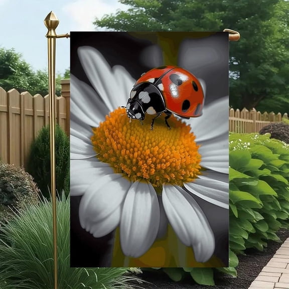 Linen Ladybug Daisy Garden Flag 12 x 18 Inch Single-Sided Weatherproof Yard Banner Outdoor Patio Porch Lawn Seasonal Decor