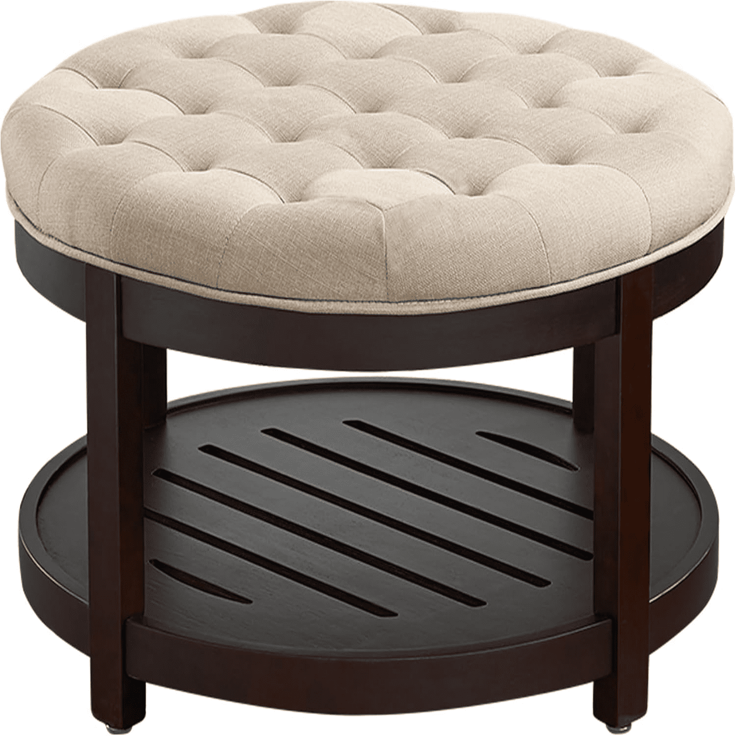 Linen Large Round Ottoman with Storage Upholstered Button Tufted Circle ...