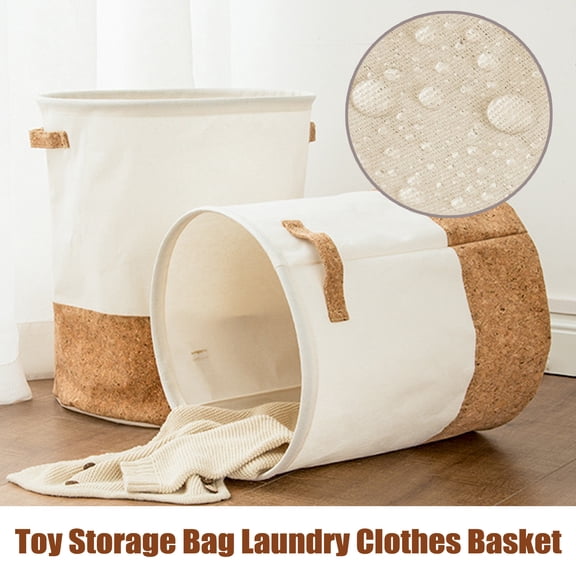 Linen Laundry Hamper with Cork Leather Trim Waterproof Fabric Clothes Basket Portable Handheld Storage Bin for Toy and Laundry Organization with Handles