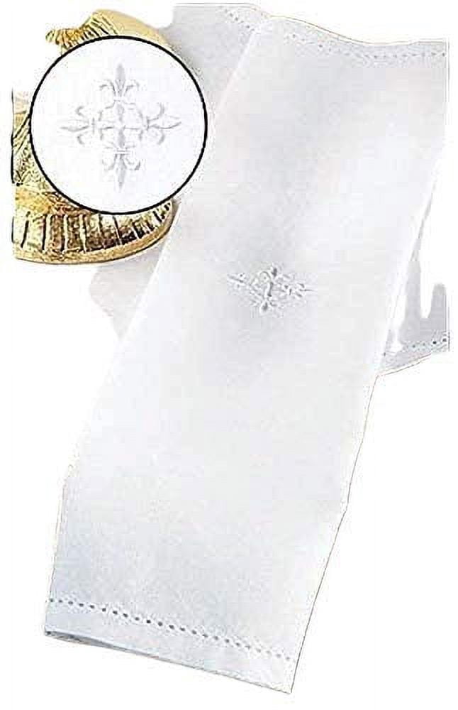 100% Linen Lavabo Towel – 11x17 Inches, Pack Of 3 – Hemstitched With White Fleur-de-Lis Cross Embroidery