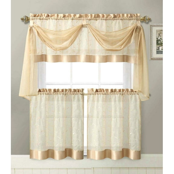 Linen Leaf 4 Pc. Tier & Valance Kitchen Curtain Set  - Gold
