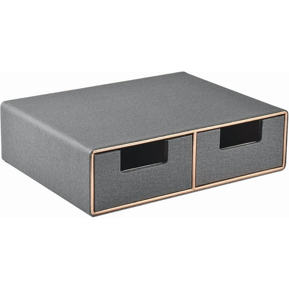 Linen Leather Desk Organizer with Drawers－Mini Desktop Drawer Organizer Stackable－Multifunctional Tabletop Organization Storage Box for Office Supplies Home Vanity Toiletries (Grey, 2-drawers)