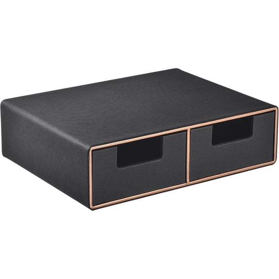 Linen Leather Desk Organizer and monitor stand with DrawersMini Desktop Drawer Organizer StackableTabletop Organization Storage Box for Office Supplies Home Vanity Toiletries (Black, 2-drawers)